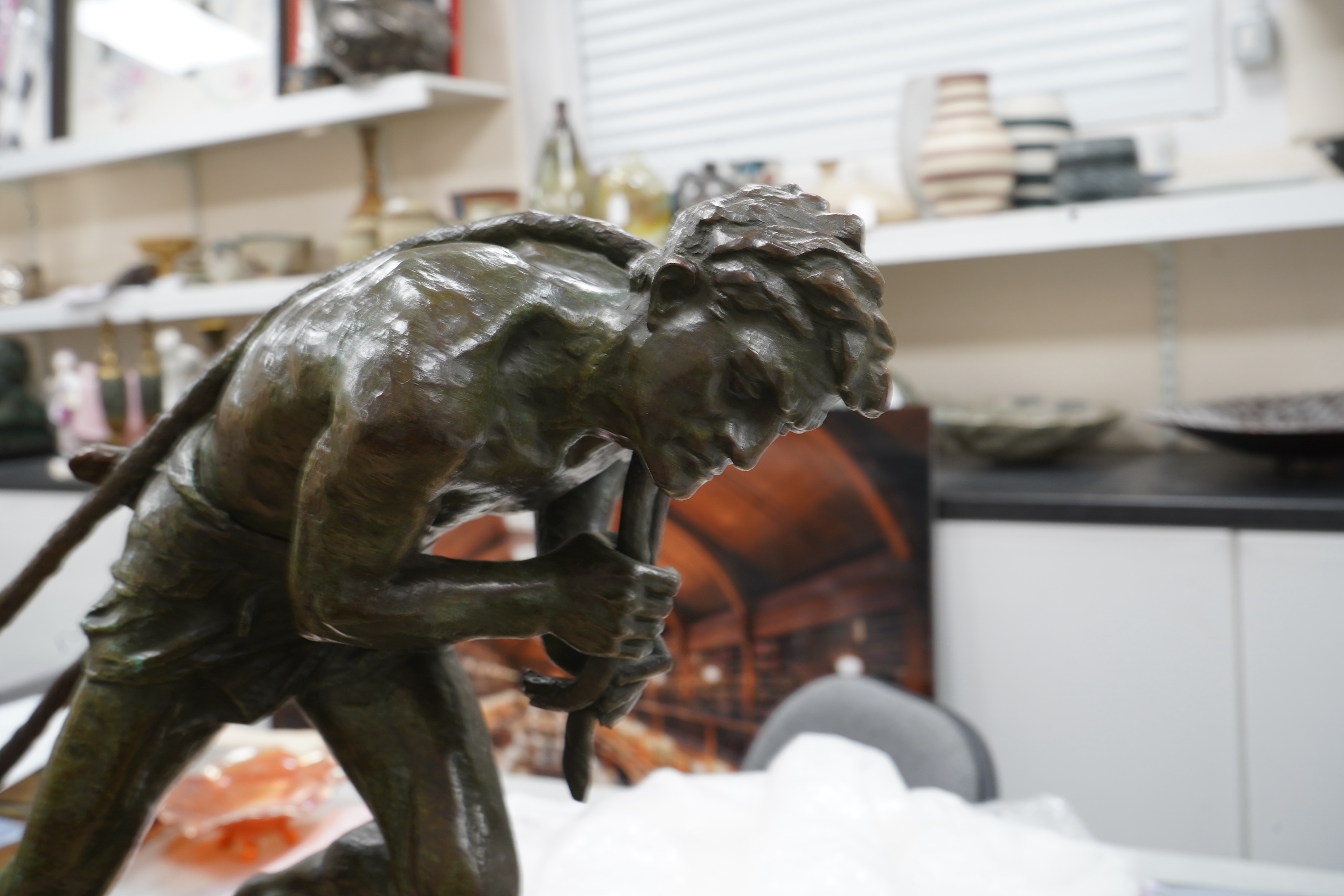 Edouard Drouot - Bronze L’Effort, male with ropes pulling a log, 59cm wide x 41cm high